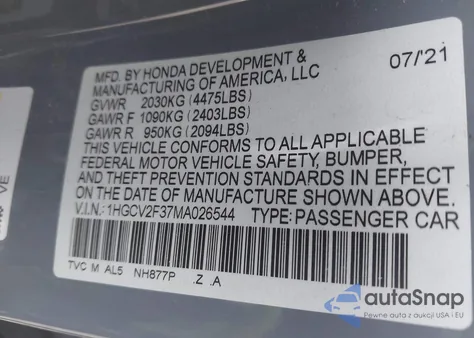 2021 Honda Accord Sport 2.0T from USA, damaged, VIN 1HGCV2F37MA026544